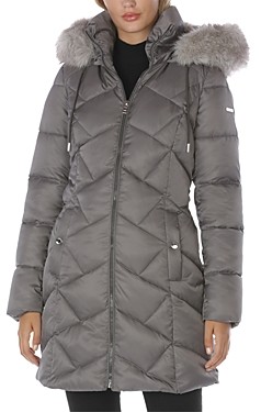pale grey faux fur trim hooded puffer jacket