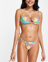 Thumbnail for your product : Reclaimed Vintage inspired bikini top with tie front in pink and orange floral print - MULTI