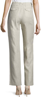 Neiman Marcus Straight-Leg Drawstring-Waist Linen Pants, Natural, Women's