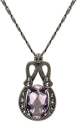 Esse Marcasite Sterling Silver Art Nouveau Amethyst and Marcasite Necklace of Length 42-47cm