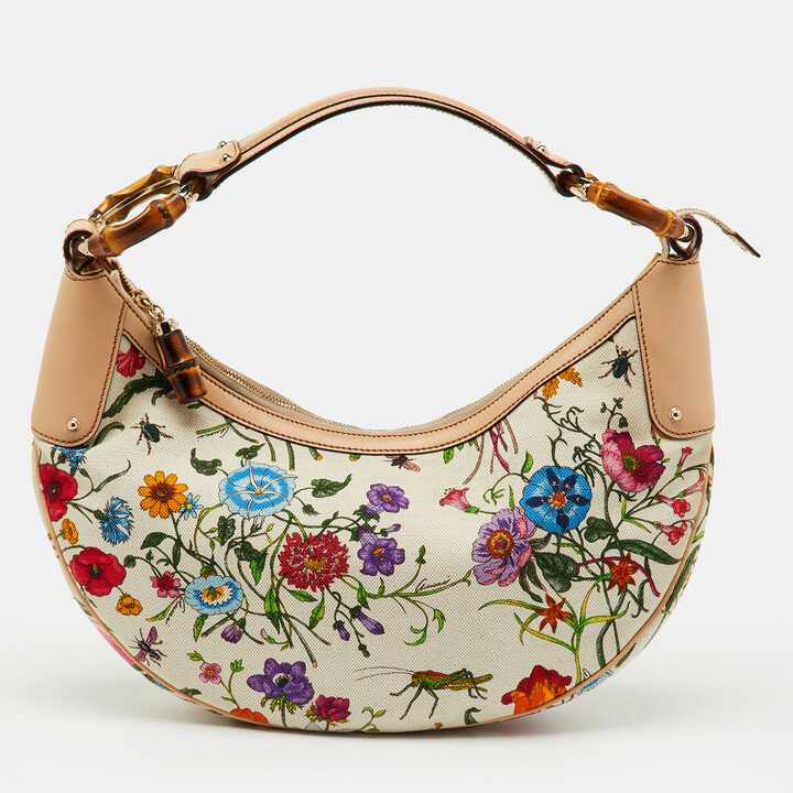 Gucci Multicolor Botanical Floral Canvas and Leather Bamboo Ring Hobo