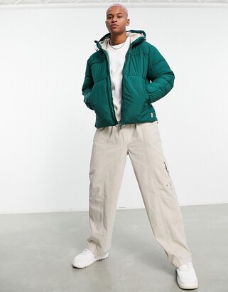 Bershka hooded nylon puffer jacket in green - ShopStyle