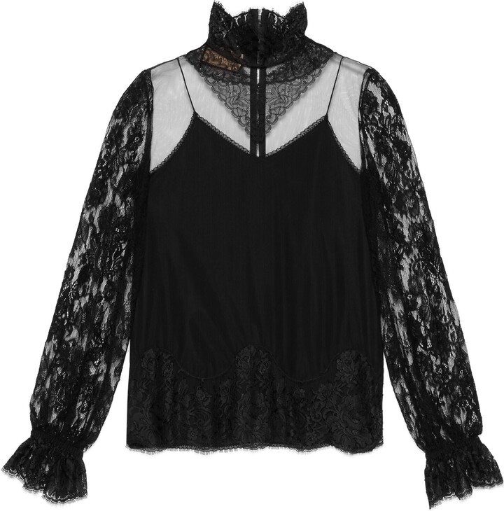 Gucci Tulle and lace shirt ShopStyle Long Sleeve Tops