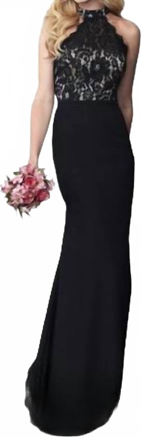 House of Wu Elegant Lace Halter Evening Gown In Black Champagne