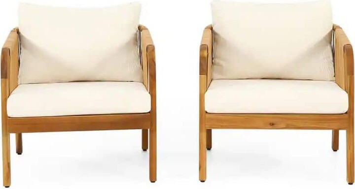 Sudzendf 2 Pcs Acacia Wood Outdoor Lounge Chair with Beige Cushions, Patio Arm Chair for Porch, Garden, Backyard, Balcony, Brown