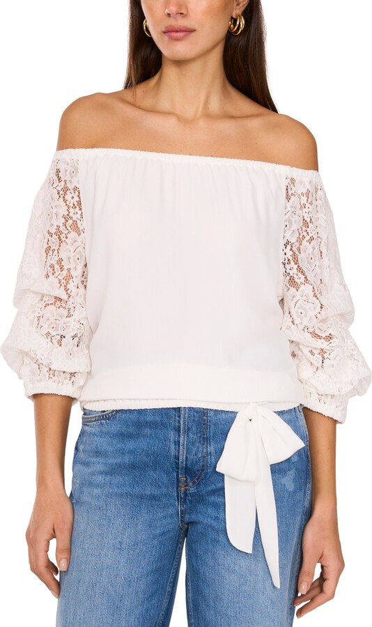 Vince Camuto Women's Off-The-Shoulder Lace Bubble 3/4-Sleeve Tie-Front Blouse