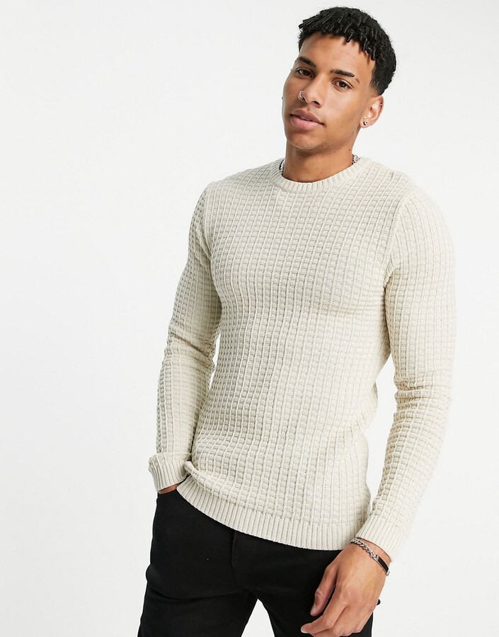 ASOS DESIGN muscle fit textured knit sweater in oatmeal - ShopStyle