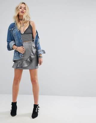 Glamorous Mini Skirt With Ruffle Trim In Metallic Faux Leather