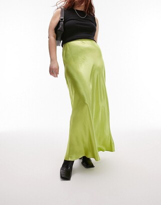 Topshop Curve satin bias maxi skirt in lime - ShopStyle