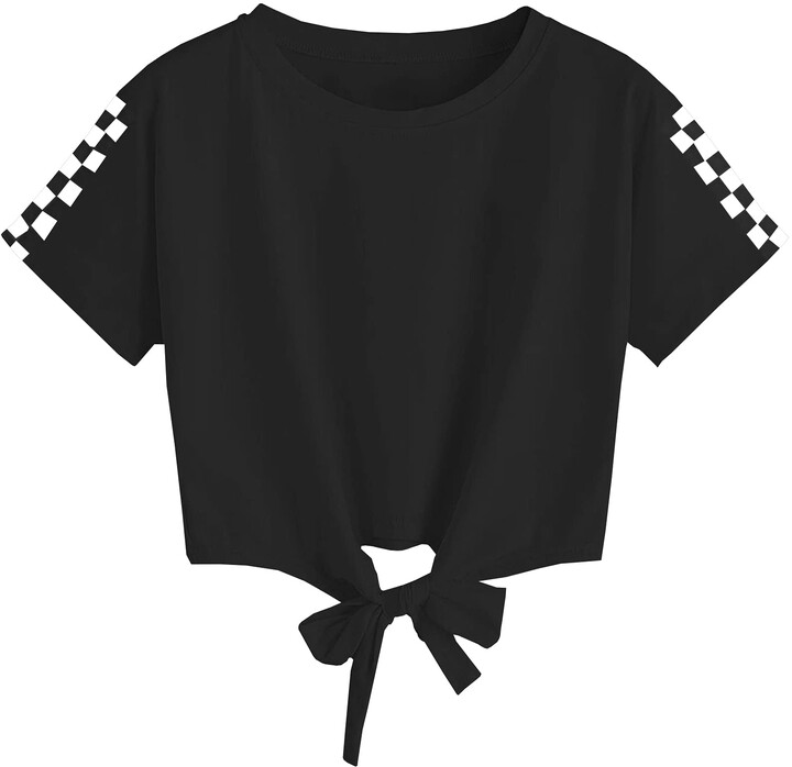 YBENLOVER Kids Girls Crop Tops Plaid Crewneck Tee Tie Front Summer Short Sleeve T-Shirt 