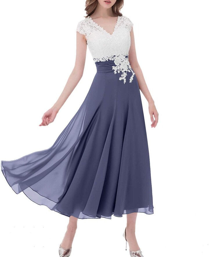 Cloverbridal Lace Chiffon V-Neck Bridesmaid Dresses with Cap Sleeves ...