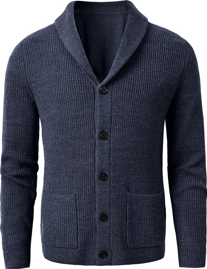 ZHILI Men's Shawl Collar Cardigan Sweater Slim Fit Cable Knit Button up