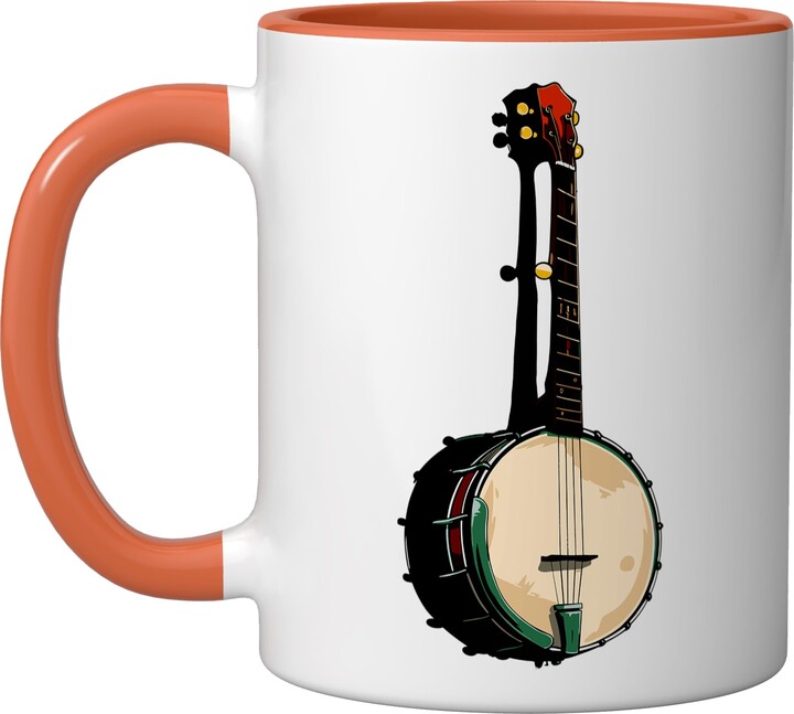 Funny Folk Music Graphic Tees and Giveaways Banjo Graphic Musical Instrument Ceramic Mug, Orange/White