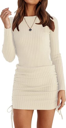 PrettyGuide Women's Short Sweater Dress Long Sleeve Ruched Side Drawstring  Casual Rib Knit Bodycon Mini Dresses