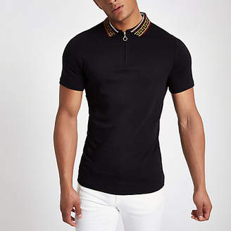 River Island Mens Black baroque collar muscle fit polo shirt