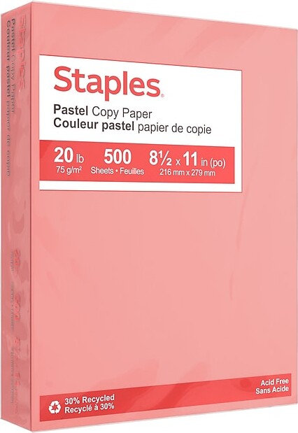 Staples Pastel 30% Recycled Color Copy Paper, 20 lbs., 8.5" x 11", Salmon, 500/Ream (14783)
