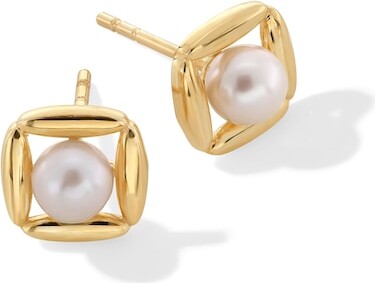 Zales 4.0mm Freshwater Cultured Pearl Solitaire Square Frame Stud Earrings in Solid 10K Gold