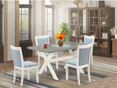 Gracie Oaks Wire Brushed Linen Solid Wood Top Dining table with Chairs with Lattice Back