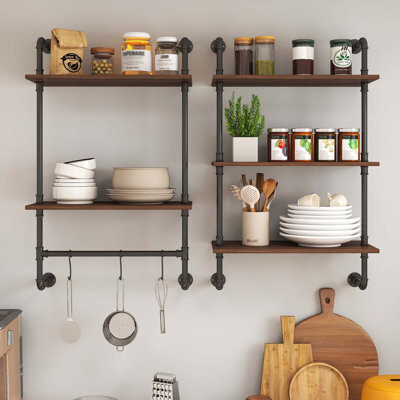 Trent Austin Design Industrial Pipe Shelf 3 Tier and 2 Tier Wall Mounted Shelves 36in Wood Display Shelves and 3 additional hooksFarmhouse Kitchen Bar Shelf DIY Booksh
