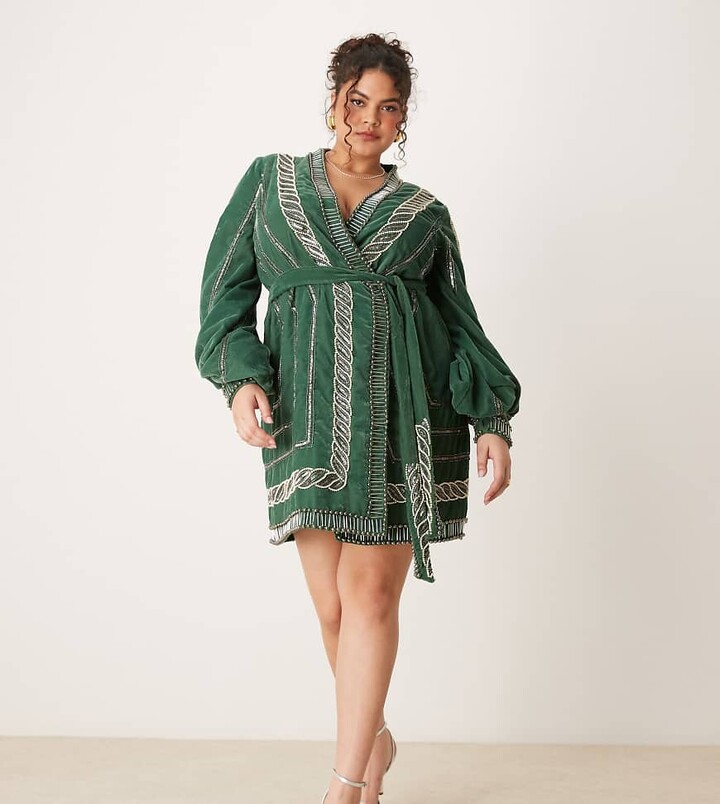 ASOS DESIGN Curve embellished velvet mini dress with tie detail in forest green