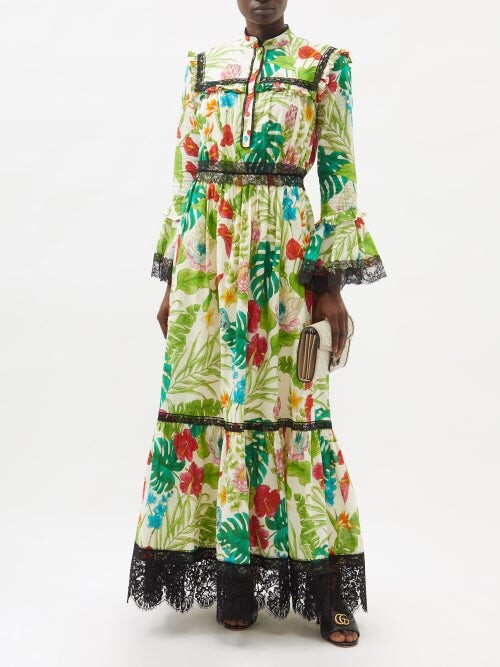 Gucci Floral-print Lace-trim Muslin Dress - Green Multi - ShopStyle