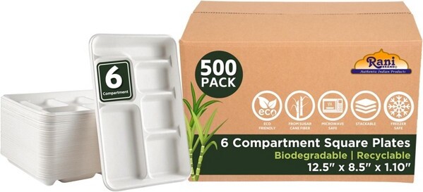 Rani Brand Authentic Indian Foods 6CompartmentSquareBiodegradableDividedPlates-Packof500-RaniBrandAuthenticIndianProducts