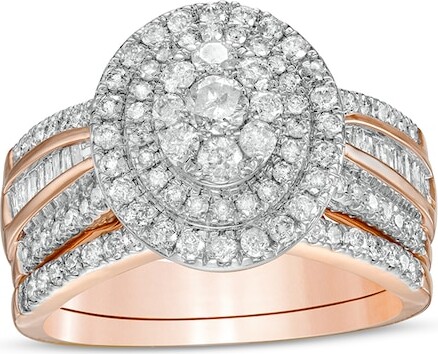 Zales 1-1/4 CT. T.w. Composite Baguette and Round Diamond Double Oval-Shape Frame Bridal Set in 10K Rose Gold
