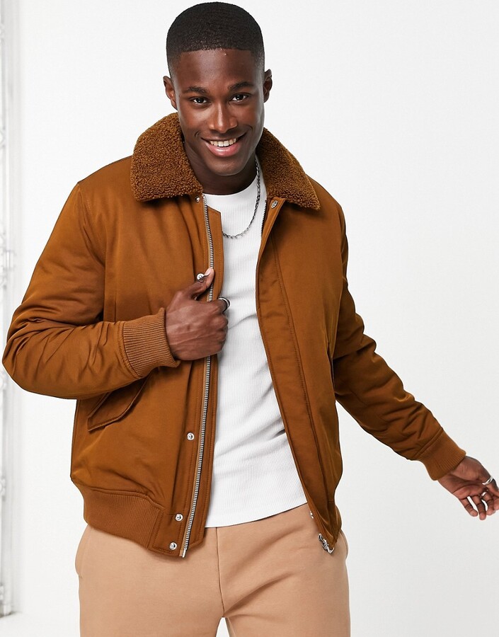 Topman bomber jacket with shearling collar in light brown - ShopStyle
