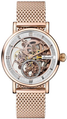Ingersoll 1892 The Herald White and Rose Gold Skeleton Automatic Dial Ros Gold Stainless Steel Mesh Strap Watch