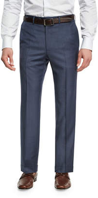 Brioni Sharkskin Wool Flat-Front Trousers, Blue