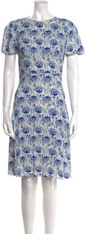 Prada Floral Print Shift Dress From the 2017 Collection by Miuccia Blue Printed Short Sleeve with Bateau Neckline Button Closure at Back Designer