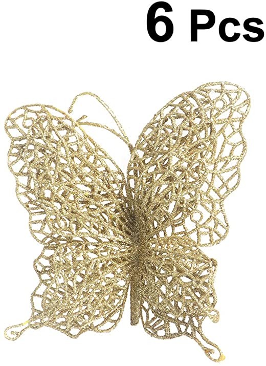 Tinksky 6Pcs Christmas Butterfly Christmas Decorations Christmas Tree Ornaments Wedding Party Decorations 3"/8cm (Gold)