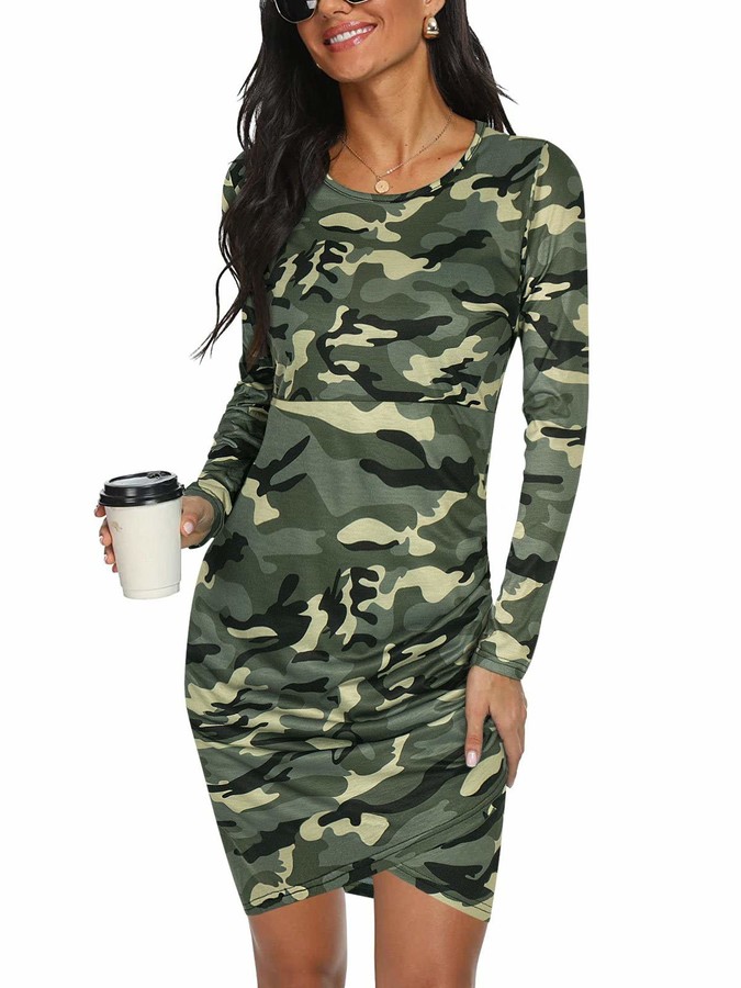 Fashion New Women Crew Neck Long Sleeve Camouflage Printed Bodycon Party Dress