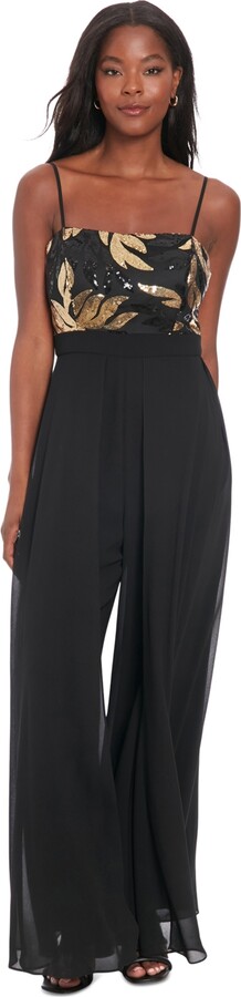London Times Petite Sequin-Bodice Wide-Leg Jumpsuit