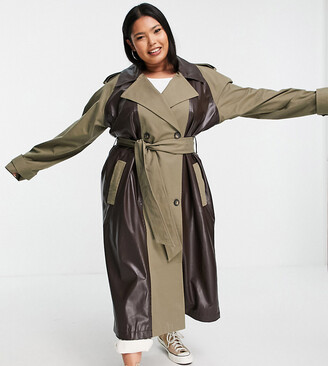 ASOS Curve ASOS DESIGN Curve faux leather spliced trench in brown