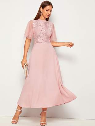 Shein Dobby Mesh Sleeve Lace Bodice Fit and Flare Dress
