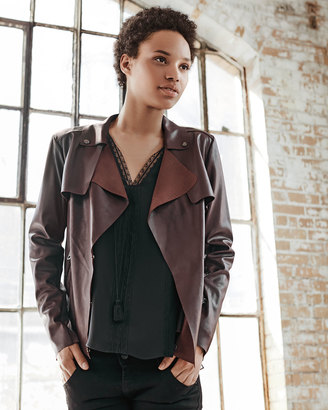 Neiman Marcus Neiman Marcus Asymmetric Cropped Leather Trench Jacket, Raisin