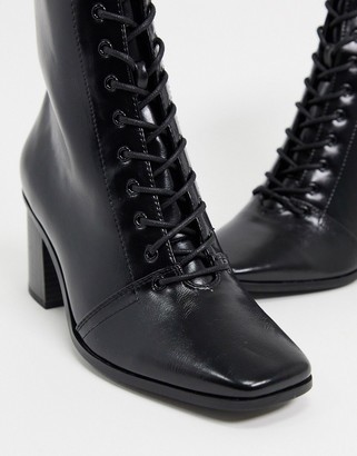 ASOS DESIGN Wide Fit Rylee square toe lace up boots in black
