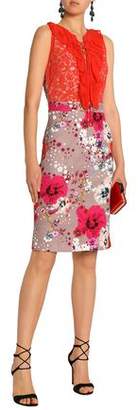 Roberto Cavalli Ruffle-trimmed Lace-paneled Floral-print Jacqaurd Dress