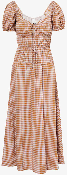 Womens Audrie Check Rhett Puffed-Sleeves Woven Midi Dress 8