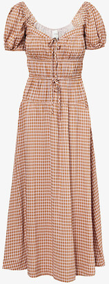 Reformation Womens Audrie Check Rhett Puffed-Sleeves Woven Midi Dress 10