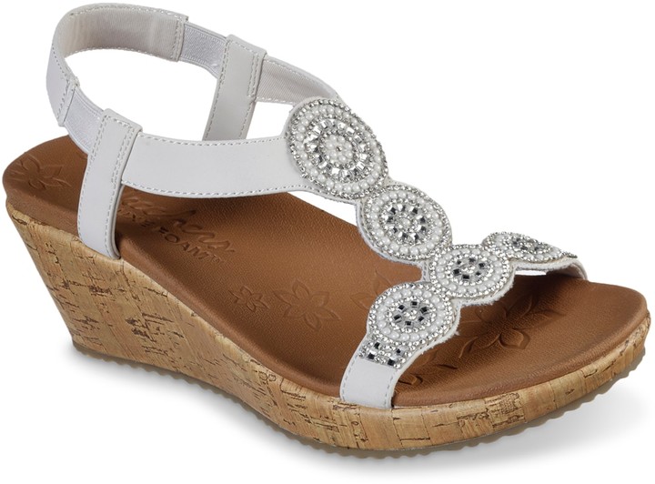 skechers ladies keyhole perforated beige wedge sandals