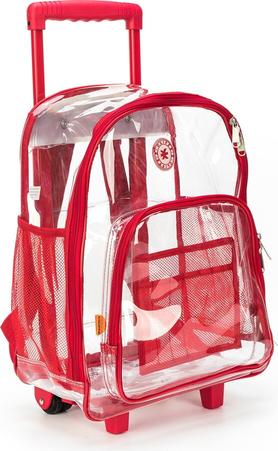 K-Cliffs Unisex Large Rolling Clear Backpack See Through Daypack School Bookbag, Travel, Business Backpack , Teen-Adult, Red