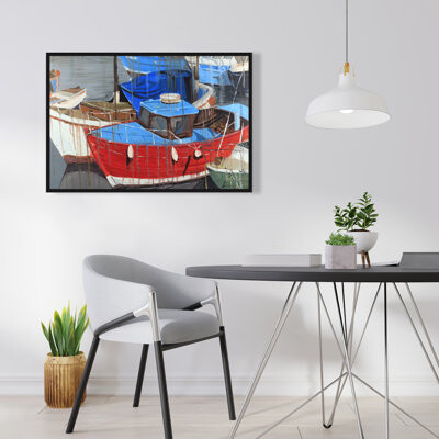 Lark Manor Rainy Day at the Dock - Blue Coastal Framed Canvas Decor