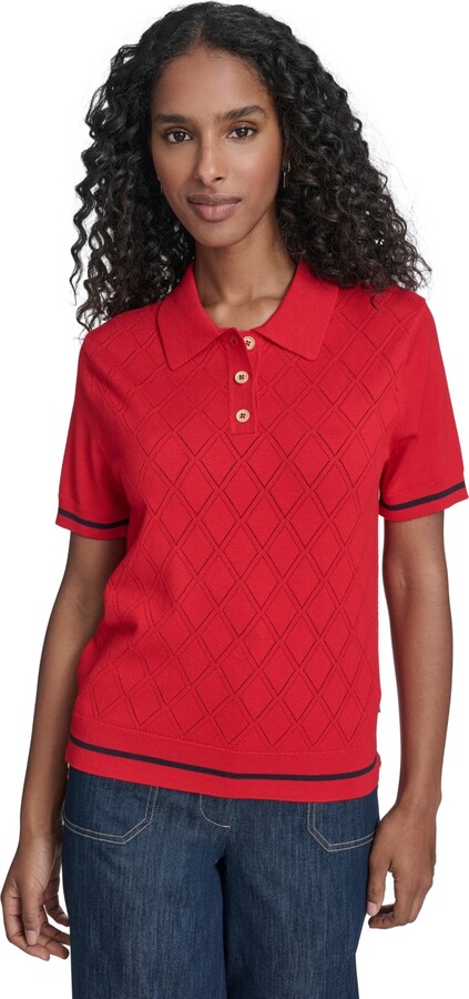Tommy Hilfiger Women's Short Sleeve Pointelle Polo Sweater - Midnight/ Whitecap