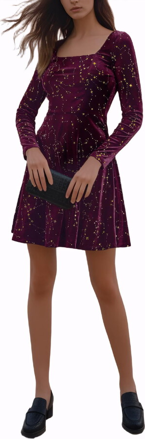 DARING DIVA Velvet Square Neck Vintage Long Sleeve Stars Mini Dress S Burgundy