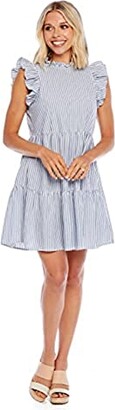 New Mud Pie Navy Blue and White Gingham Farmhouse Ruffle Bow Dress 4T