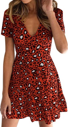 Baojunht Dress Women's Leopard Print Summer Tea Dress Casual Short Sleeve Tie Waist Clubwear Beach Party Mini Shirt Dress BaojunHT (Red Small)