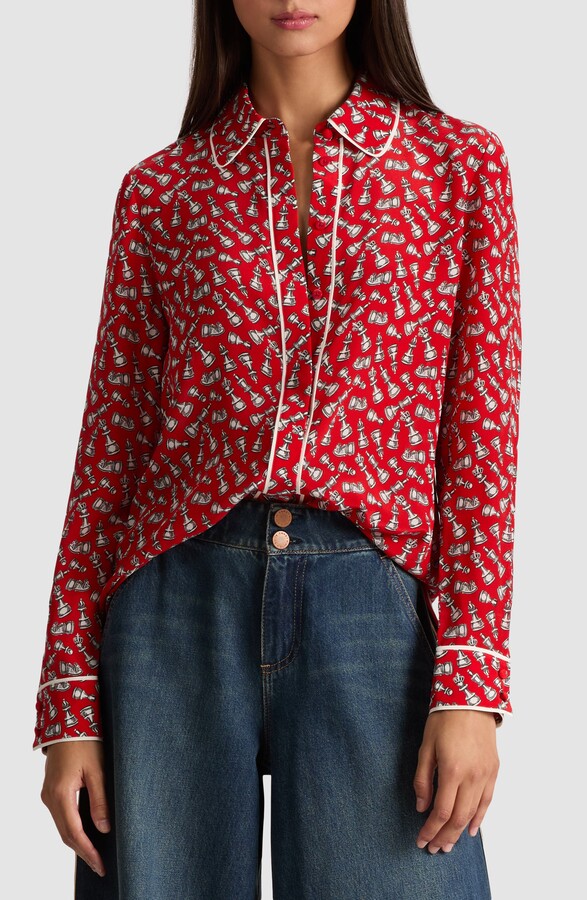 Alice + Olivia Willa Chess Piece Print Silk Button-Up Shirt