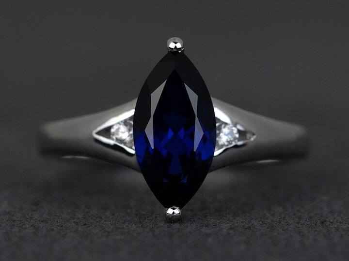 Etsy Marquise Cut Blue Sapphire Ring Engagement Sterling Silver Women September Birthstone Gemstone Three Stone